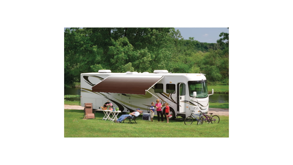 DOMETIC 8500 Manual Patio Awning With Polar White Weathershield, Bark Linen Fade, 8ft, 848NU08.400B