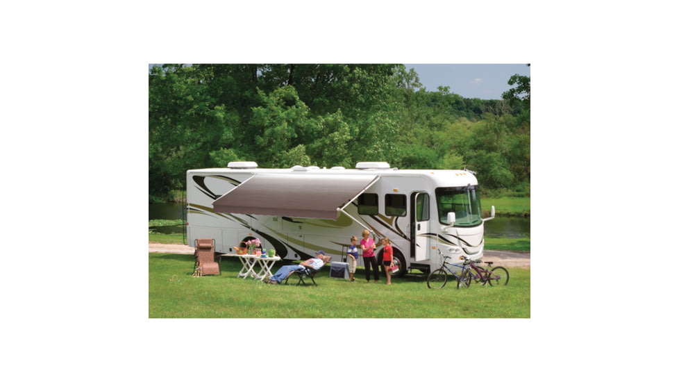 DOMETIC 8500 Manual Patio Awning With Polar White Weathershield, Sandstone Linen Fade, 16ft, 848NS16.400B