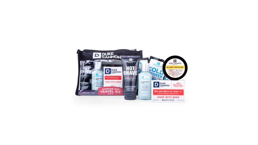 Duke Cannon Supply Co Handsome Man Travel Kit, 2 fl oz Shaving Cream, 2.3 oz After-Shave Balm, 4.5 oz Soap, 1.4 fl oz Hand Balm, 3 x Field Towels, TRAVELSET1