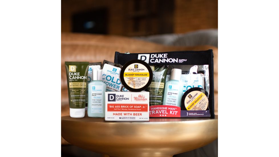 Duke Cannon Supply Co Handsome Man Travel Kit, 2 fl oz Shaving Cream, 2.3 oz After-Shave Balm, 4.5 oz Soap, 1.4 fl oz Hand Balm, 3 x Field Towels, TRAVELSET1