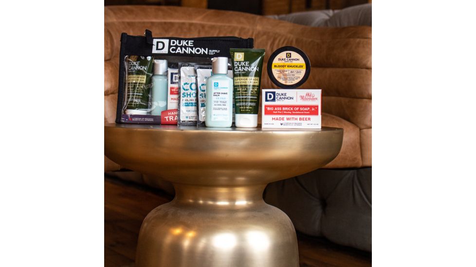 Duke Cannon Supply Co Handsome Man Travel Kit, 2 fl oz Shaving Cream, 2.3 oz After-Shave Balm, 4.5 oz Soap, 1.4 fl oz Hand Balm, 3 x Field Towels, TRAVELSET1