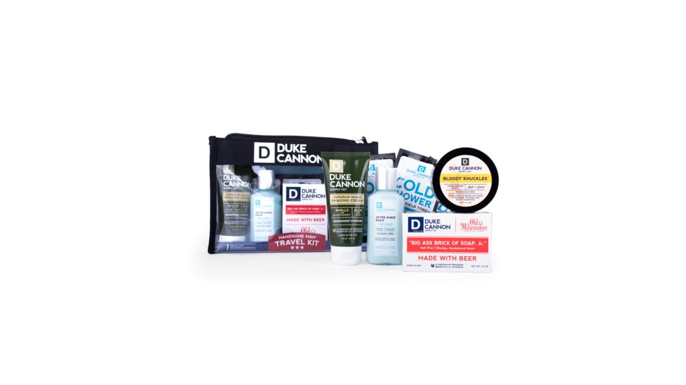 Duke Cannon Supply Co Handsome Man Travel Kit, 2 fl oz Shaving Cream, 2.3 oz After-Shave Balm, 4.5 oz Soap, 1.4 fl oz Hand Balm, 3 x Field Towels, TRAVELSET1