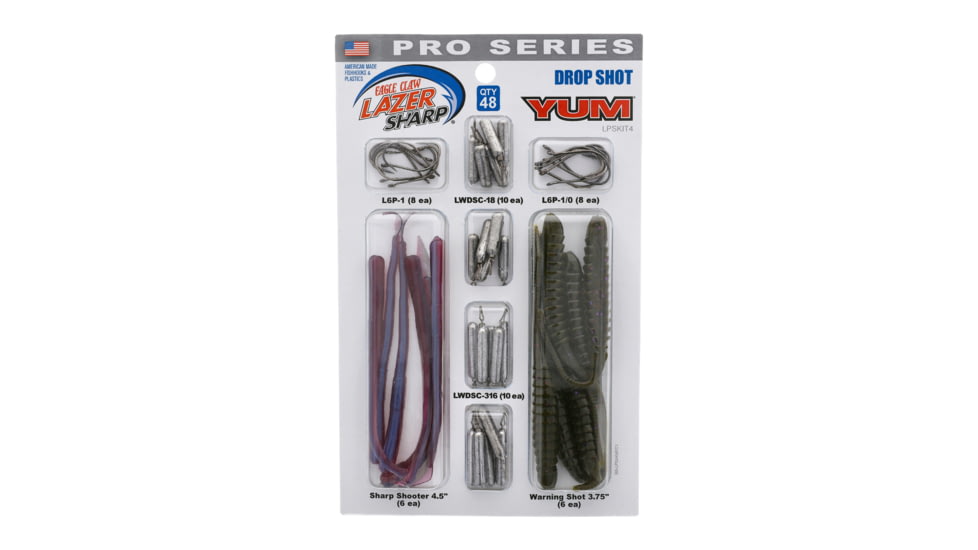 Eagle Claw Lazer Sharp Pro Series Drop Shot Kit, Hooks Cylinder Weights, 3.75in Warning Shot, 4.75in Sharp Shooter, 48 Pieces, LPSKIT4