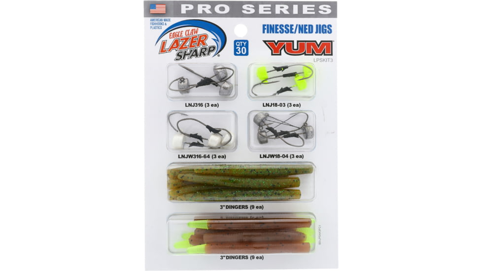 Eagle Claw Lazer Sharp Pro Series Finesse/ Ned Jig Kit, Hooks Weedless Hooks, 3in Dingers, 30 Pieces, LPSKIT3