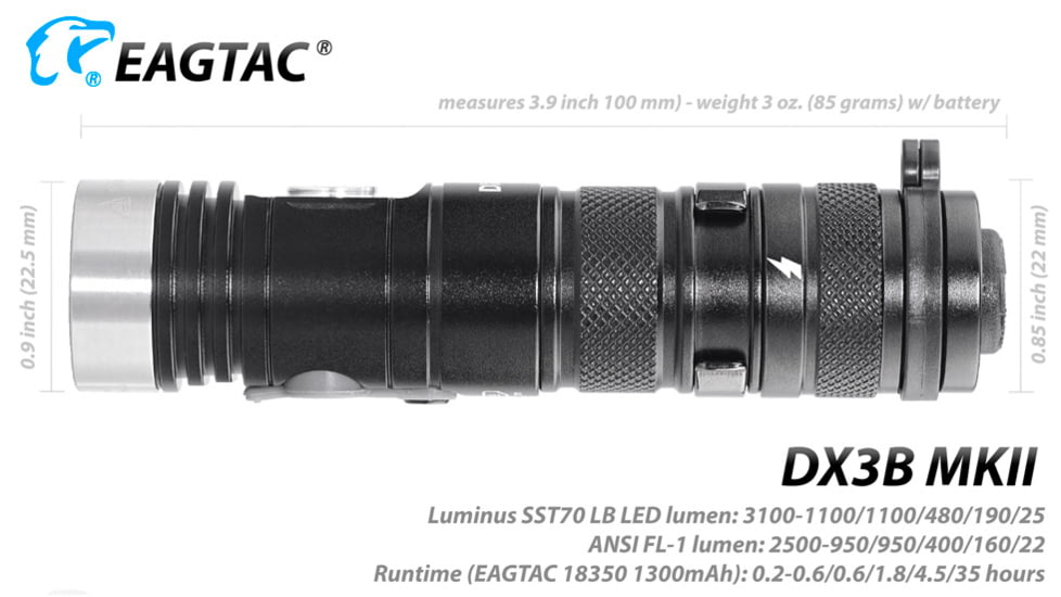 EAGTAC DX3B Clicky MKII Flashlight, Black, 3100lm, DX3B Clicky MKII-SST70-CW