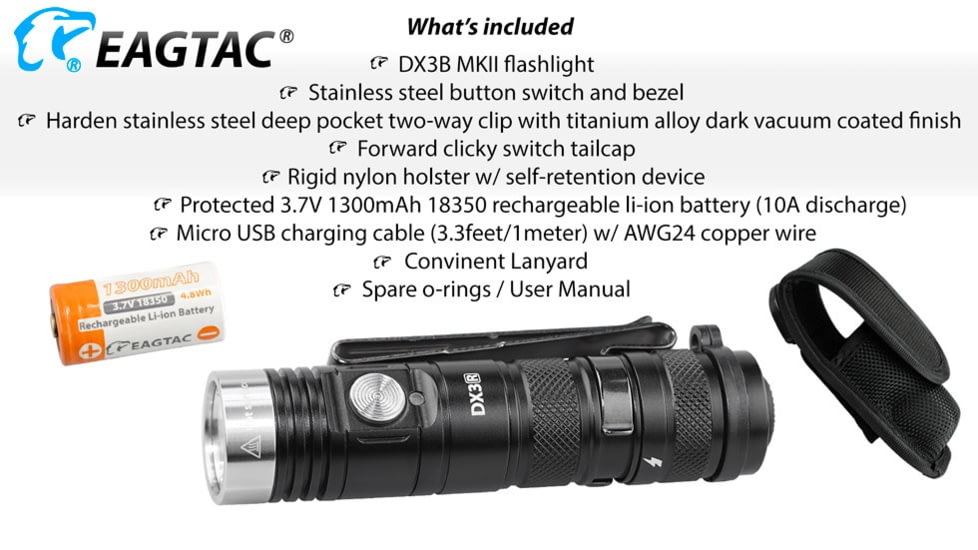 EAGTAC DX3B Clicky MKII SST70 LB LED Flashlight, Black, 3100lm, DX3B Clicky MKII-SST70-CW