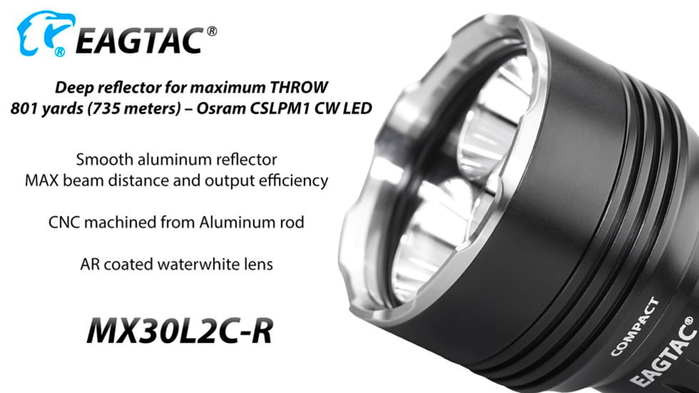 EAGTAC MX30L2CR 3 x CSLPM1 Flashlight, 32650 13000mAh li-ion, CW LED, 3100 Lumen, Black, MX30L2CR-3*CSLPM1-CW