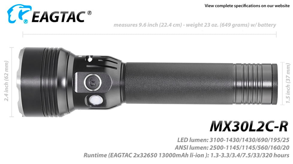 EAGTAC MX30L2CR 3 x CSLPM1 Flashlight, 32650 13000mAh li-ion, CW LED, 3100 Lumen, Black, MX30L2CR-3*CSLPM1-CW