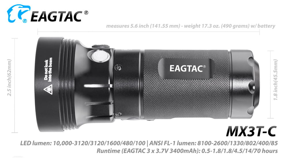 EAGTAC MX3T-C Flashlight, Black, 10,000lm, MX3T-C-4*SST70-CW