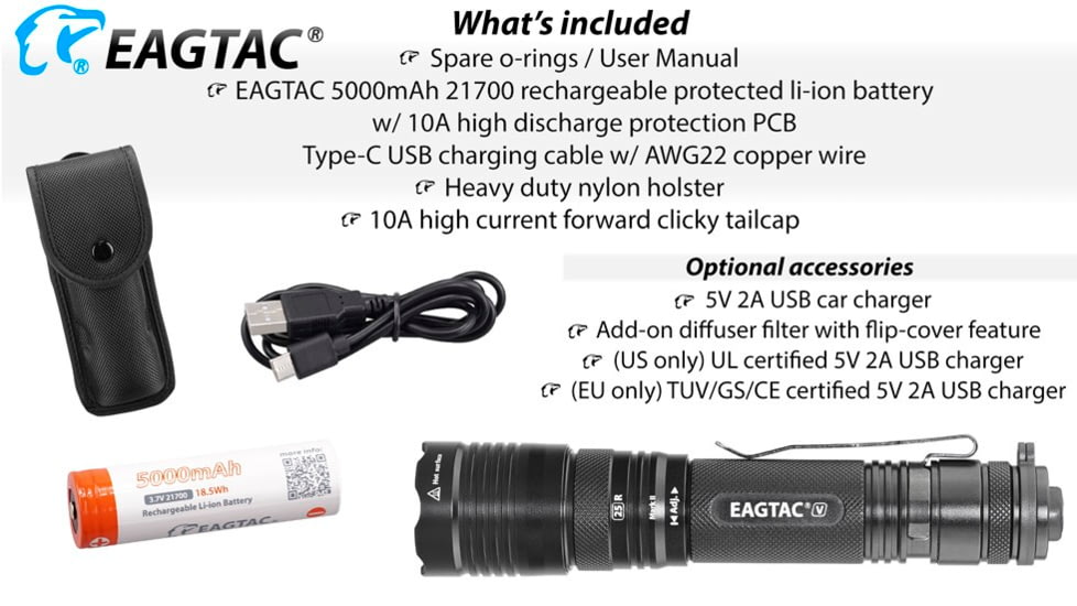 EAGTAC T25V XHP70.2 Flashlight, 21700 5000mAh li-ion, NW LED, 2990 Lumen, Black, T25V-XHP702-NW