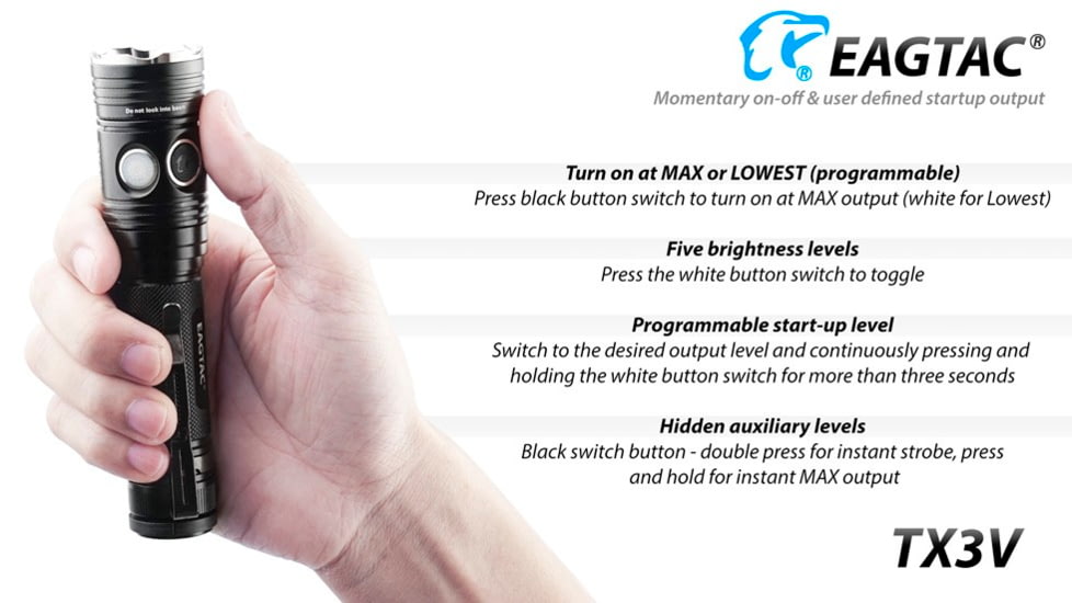 EAGTAC TX3V XHP70.2 Flashlight, 21700 5000mAh li-ion, NW LED, 3317 Lumen, Black, TX3V-XHP702-NW