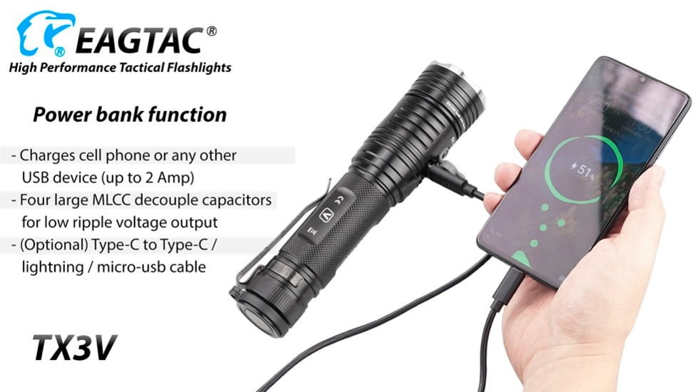 EAGTAC TX3V XHP70.2 Flashlight, 21700 5000mAh li-ion, NW LED, 3317 Lumen, Black, TX3V-XHP702-NW