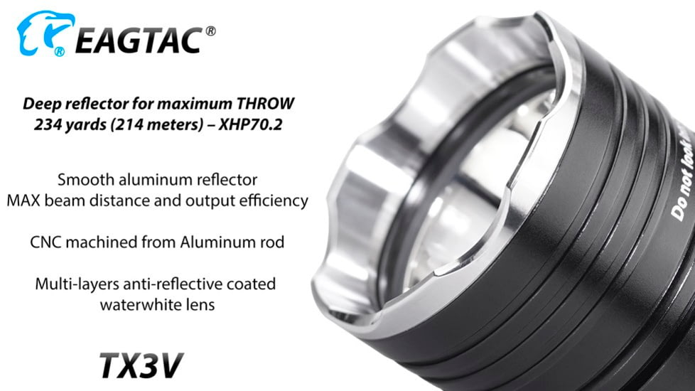 EAGTAC TX3V XHP70.2 Flashlight, 21700 5000mAh li-ion, NW LED, 3317 Lumen, Black, TX3V-XHP702-NW