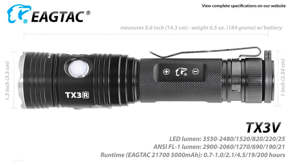 EAGTAC TX3V XHP70.2 Flashlight, 21700 5000mAh li-ion, NW LED, 3317 Lumen, Black, TX3V-XHP702-NW