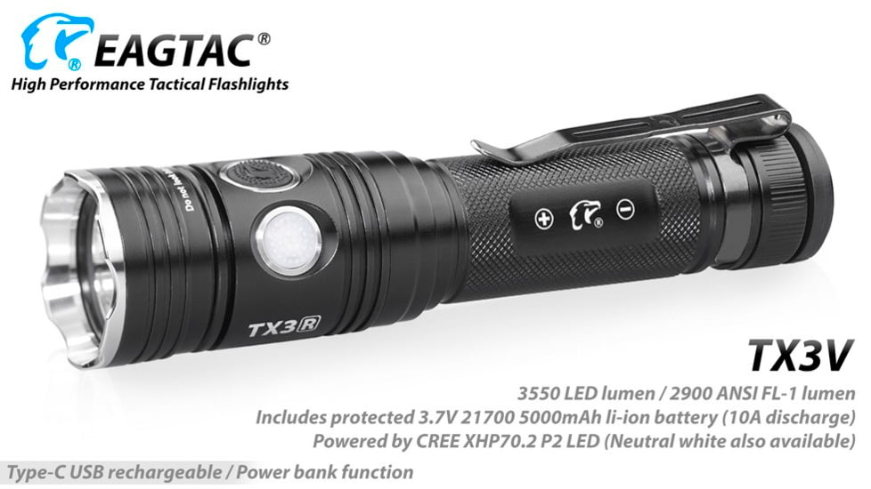 EAGTAC TX3V XHP70.2 Flashlight, 21700 5000mAh li-ion, NW LED, 3317 Lumen, Black, TX3V-XHP702-NW