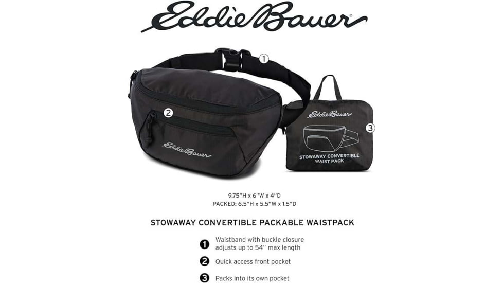 Eddie Bauer Stowaway 1L Packable Waistpack, Onyx, EBB3005-031