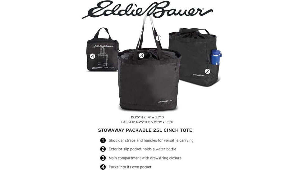 Eddie Bauer Stowaway Packable 25L Cinch Tote, Onyx, EBB3002-031