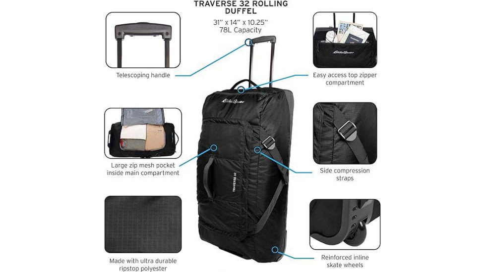 Eddie Bauer Traverse 32 78L Rolling Duffel Bag, Black, EBB4001-001