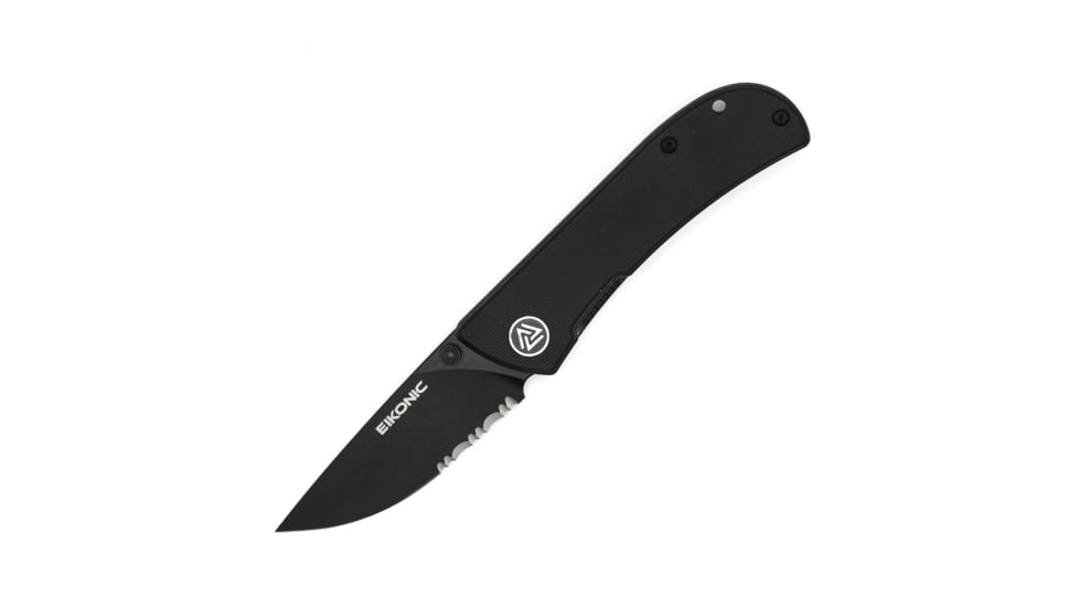 EIKONIC Knife Company Fairwind Folding Knife, 2.72in, D2 Steel w/ Rockwell Hardness of 59-60, G10 Handle, Black/Black Serrated, 220BBS