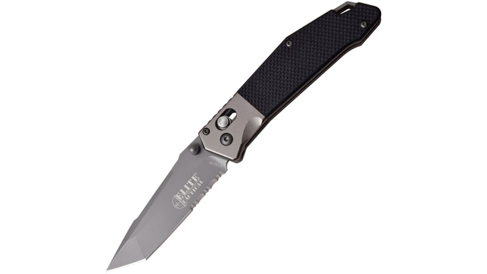 Elite Tactical Rapid Lock Folder, 3.5in Gray Tini Coated Partially Serrated 8Cr13Mov SS Tanto Blade, Black G10 Handle, Aluminum Bolster, Thumb Stud, Pocket Clip, ET-1027BK