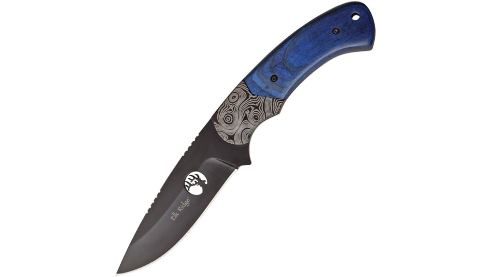 Elk Ridge Blue Knife, 8in Overall, 4in Black 3Cr13 SS Drop Point, Blue Pakkawood Handle, Brown Leather Sheath, ER-200-09BL