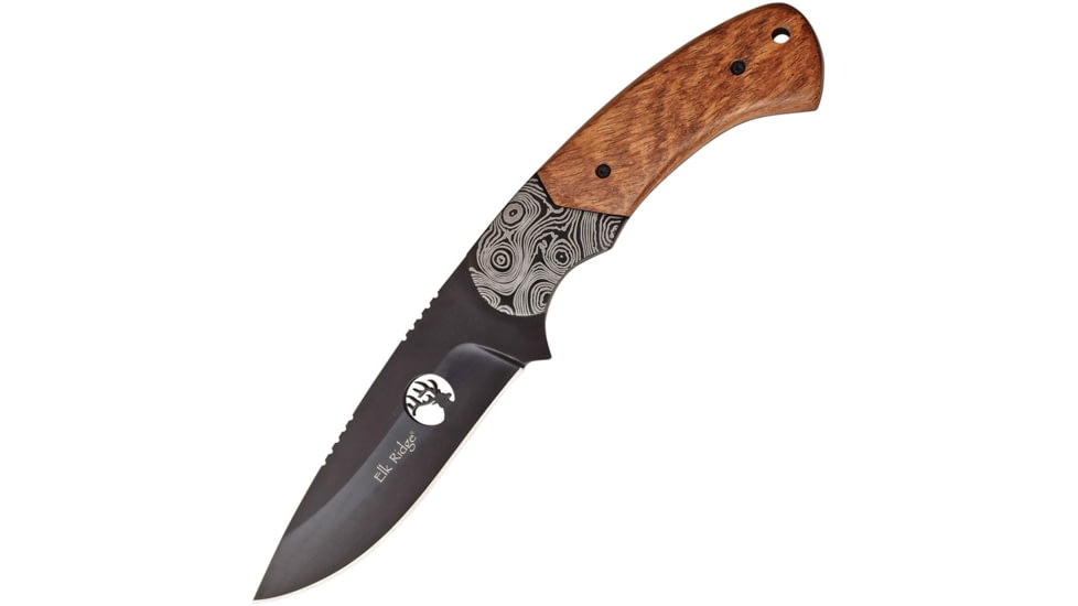 Elk Ridge Brown Knife, 8in Overall, 4in Black 3Cr13 SS Drop Point, Brown Pakkawood Handle, Brown Leather Sheath, ER-200-09BR