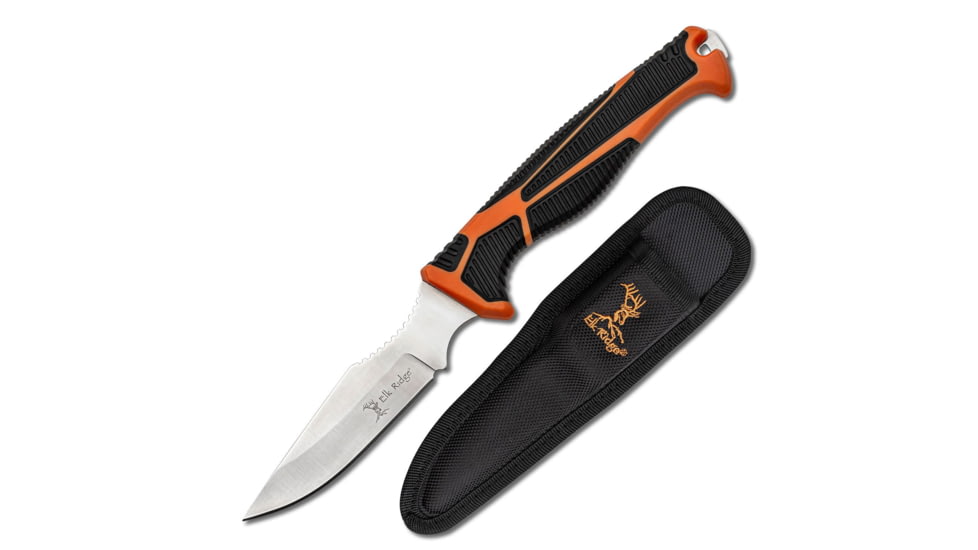 Elk Ridge Trek Fixed Blade Caping Knife, 4in, Stainless Steel 8Cr13MoV, Drop Point, Black/Orange Handle, ER-TKFIX003CS