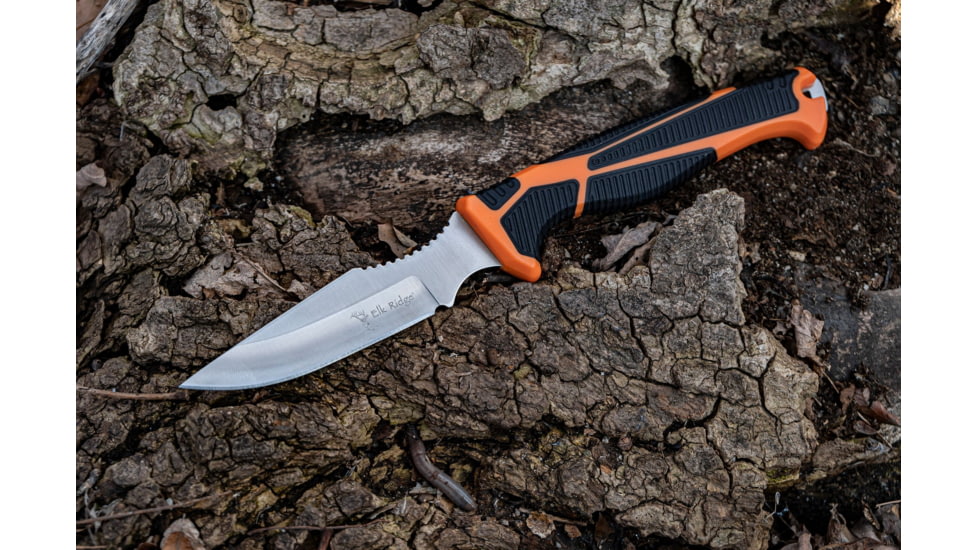 Elk Ridge Trek Fixed Blade Caping Knife, 4in, Stainless Steel 8Cr13MoV, Drop Point, Black/Orange Handle, ER-TKFIX003CS