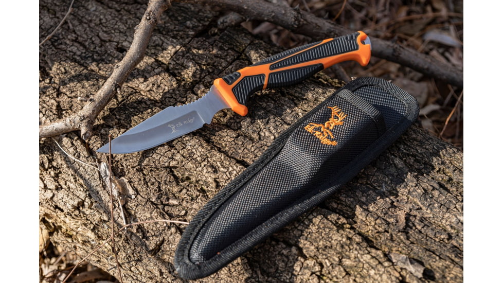 Elk Ridge Trek Fixed Blade Caping Knife, 4in, Stainless Steel 8Cr13MoV, Drop Point, Black/Orange Handle, ER-TKFIX003CS