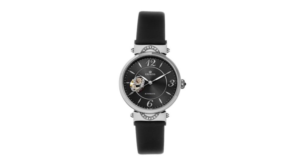 Empress Alouette Automatic Semi-Skeleton Leather-Band Watch, Black - Womens, EMPEM3404