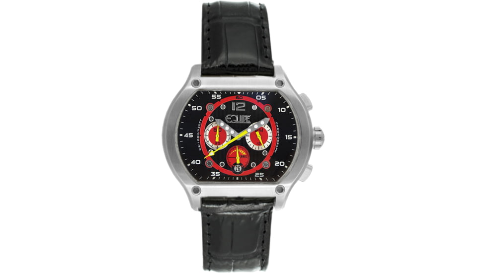 Equipe E719 Dash Mens Watch - Black Leather Strap, Silver Bezel, Black/Red Dial