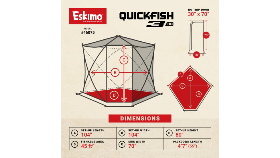 Eskimo 3HD, Pop-Up Portable Shelter, No-Trip Door, Red/Black, 3-Person, 46075