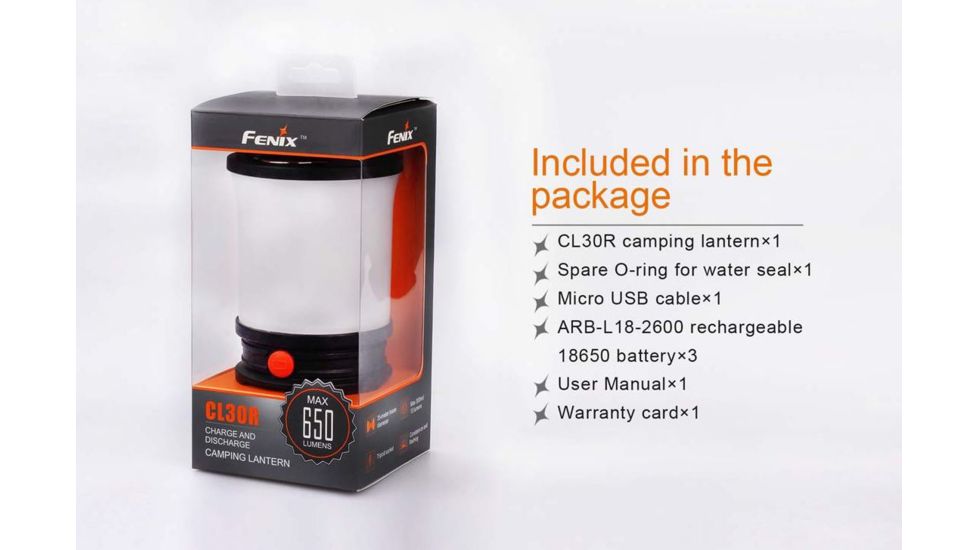 Fenix CL30R Rechargeable Camping Lantern, 650 Lumens, Clear/Black FENIX-CL30R