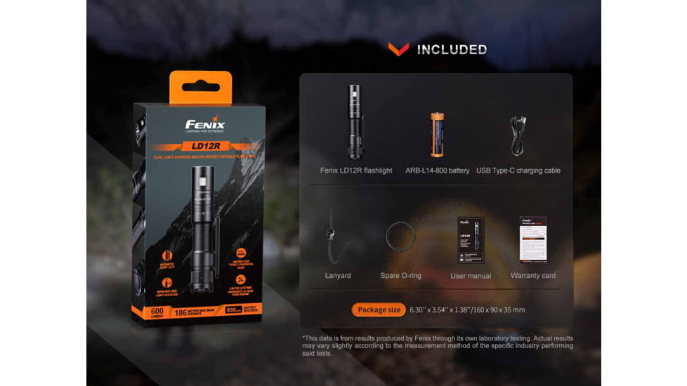 Fenix Lighting LD12R Lithium Ion 600 Lumens Luminus SST20 LED, SC1818C LED Flashlight, Black, LD12RLXBK