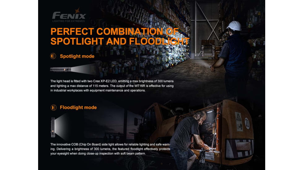 Fenix Lighting WT16R Lithium Ion 300 Lumens CREE XP-E2 LED, COB Flashlight, Black, WT16RXBK