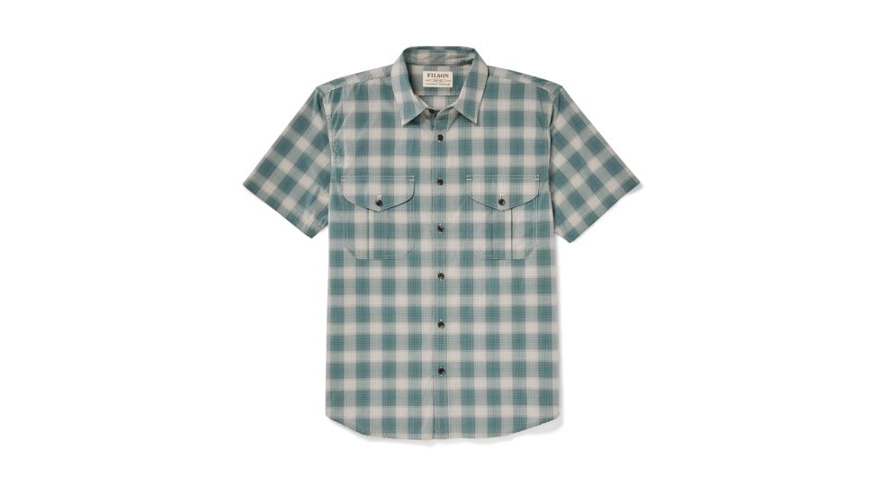 Filson Short Sleeve Feather Cloth Shirt Mens, Sand/Teal, 2XL, 20008229-SAND/TEAL -XXL