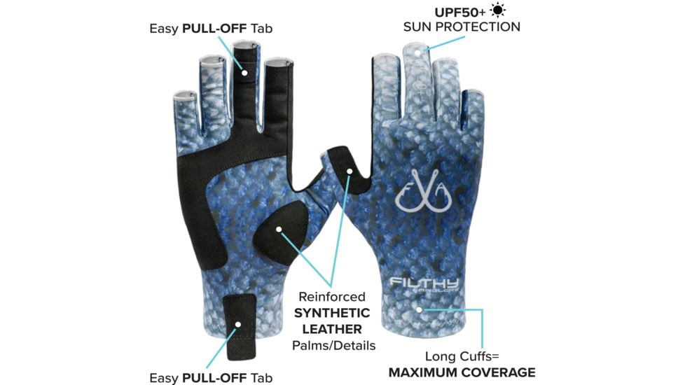 Filthy Anglers Fingerless Fishing Gloves, Scale Blue, Large/Extra Large, GV-SCALES-L