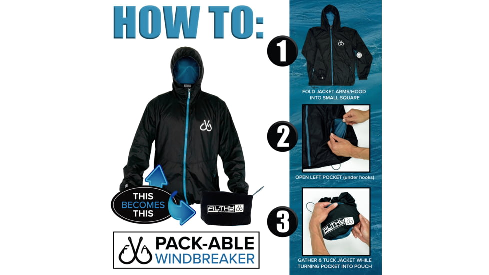 Filthy Anglers Packable Windbreaker Jacket, Black, Medium, WINDBLK-M