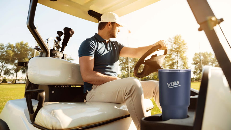 Fireside Outdoor Vibe Tumbler with/ Water-Resistant Bluetooth Speaker, Navy Blue, 28oz, VIBE-28-NBLU