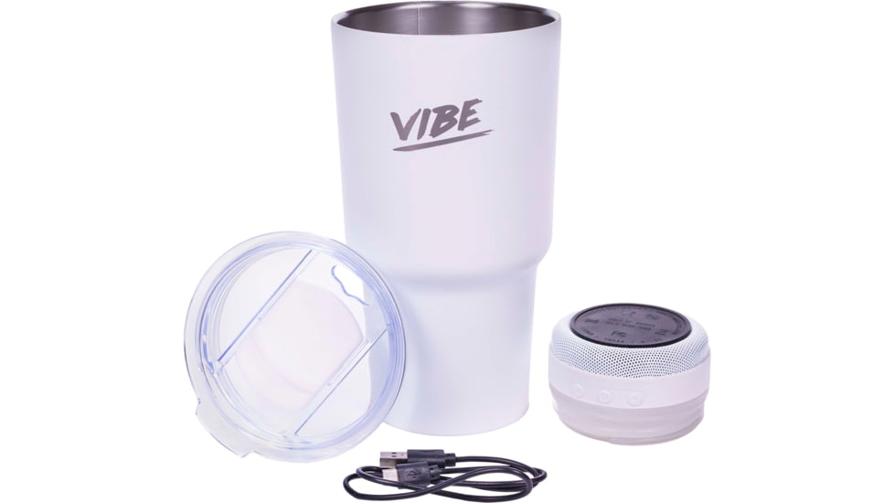Fireside Outdoor Vibe Tumbler with/ Water-Resistant Bluetooth Speaker, White, 28oz, VIBE-28-WHT