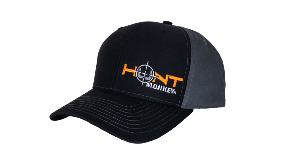 Fish Monkey Hunt Left Panel Embroidery Hat, Black/Char, One size, HM801-BKCH