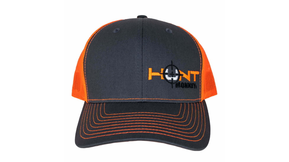 Fish Monkey Hunt Left Panel Embroidery Hat, Char/Orange, One size, HM801-CHOR