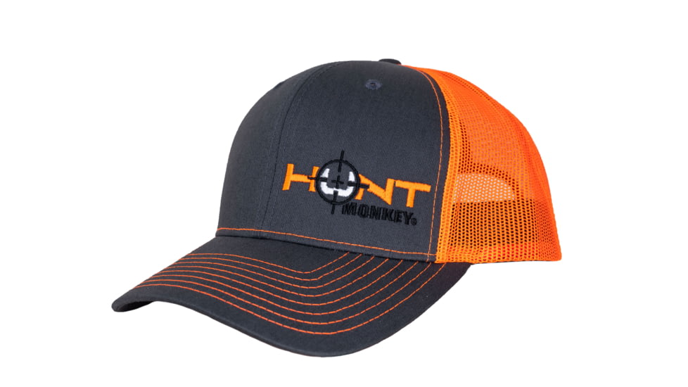 Fish Monkey Hunt Left Panel Embroidery Hat, Char/Orange, One size, HM801-CHOR