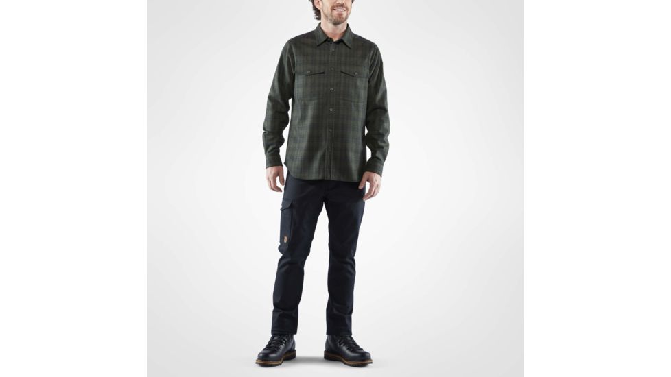Fjallraven Ovik Re-Wool Shirt Long Sleeve - Mens, Dark Grey-Olive, Small, F81885-030-630-S