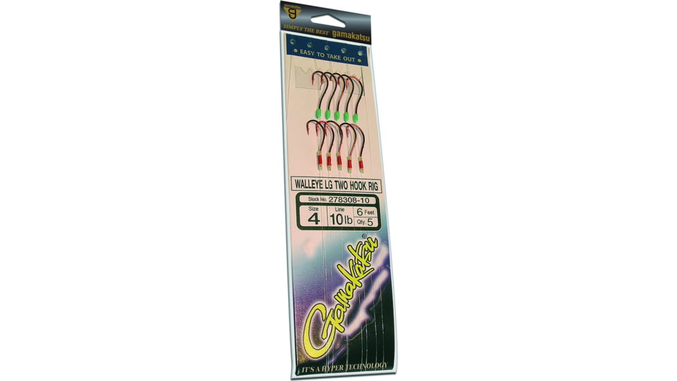 Gamakatsu Walleye LG Two Hook Rig, Needle Point Wide Gap, Light Wire, Octopus, NS Black, Size 4, 5 per Pack, 278308-10