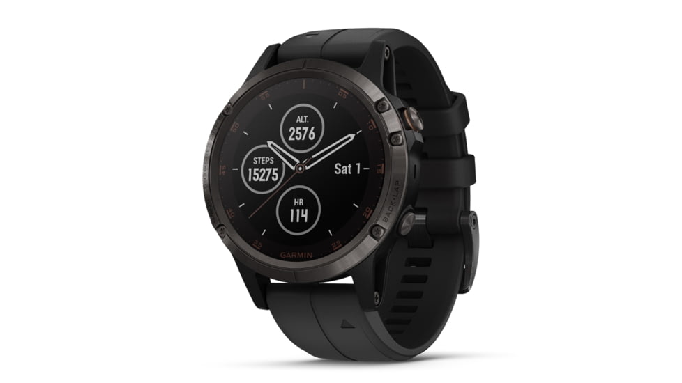 Garmin Fenix 5 Plus, GPS Watch, Carbon Gray DLC Titanium with Black Silicone Band, 010-01988-20