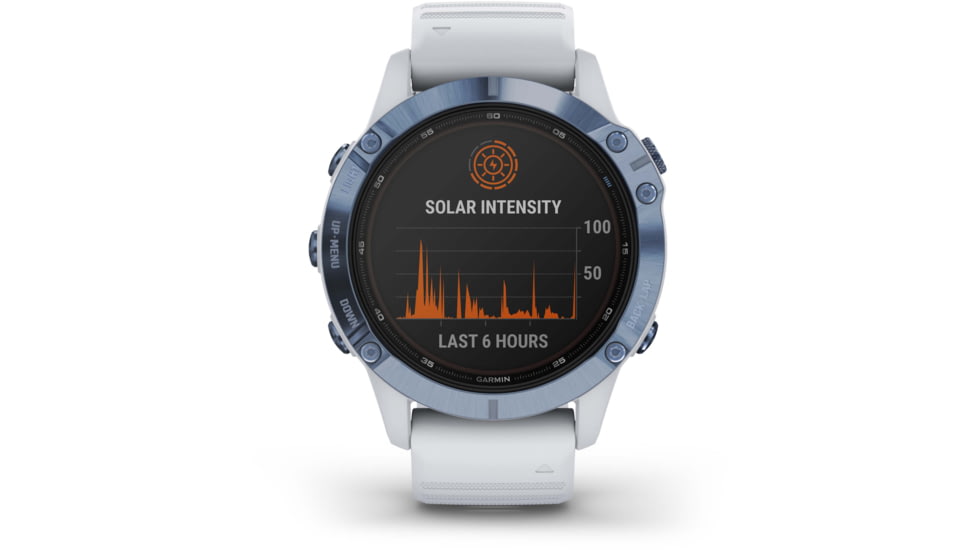 Garmin Fenix 6 Pro Solar Watch, Mineral Blue w/Whitestone band, 010-02410-18