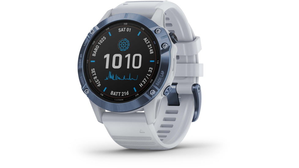 Garmin Fenix 6 Pro Solar Watch, Mineral Blue w/Whitestone band, 010-02410-18