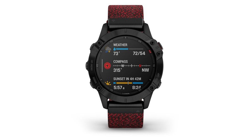 Garmin Fenix 6 Sapphire Multisport Fitness Watch, Black DLC w/Red Nylon Band, 010-02158-16