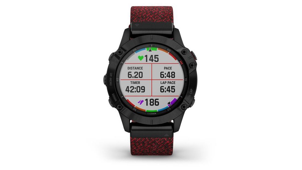 Garmin Fenix 6 Sapphire Multisport Fitness Watch, Black DLC w/Red Nylon Band, 010-02158-16